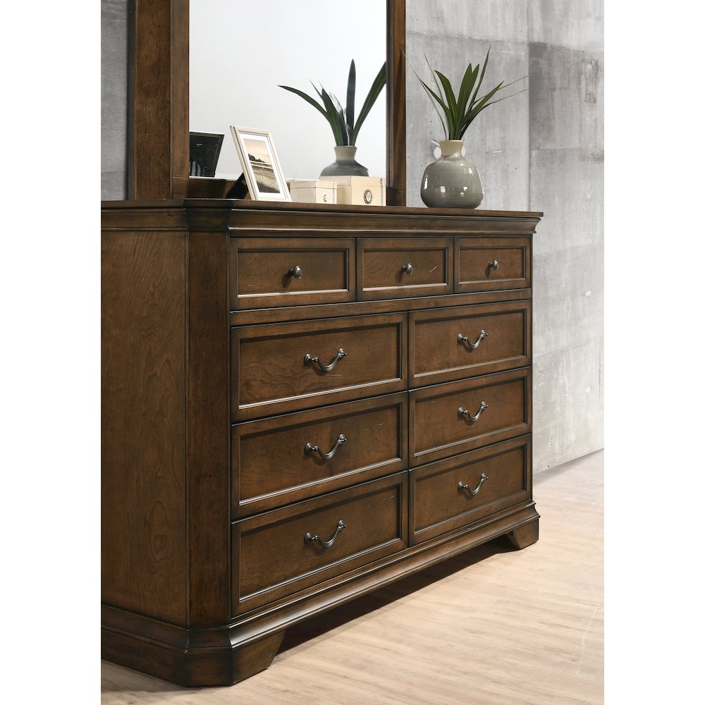 Wood Panel Bed, Dresser, Mirror, Nightstand, King, Antique Walnut Finish