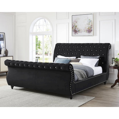 Evora Black Velvet Upholstered Crystal Button Tufted Sleigh Bed, Queen