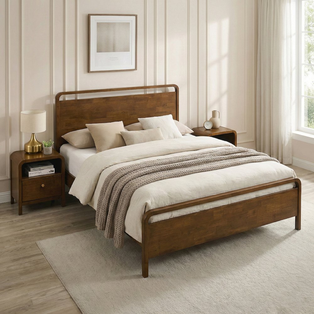 Eldren Wood Bedroom Set, Queen Platform Bed with Two Nightstands Walnut Finish