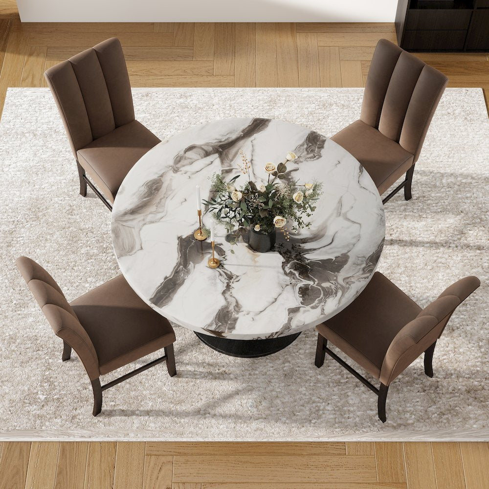 Cavira 5-PC Dining Set, Off-White Faux Marble Table with Four Brown Chairs