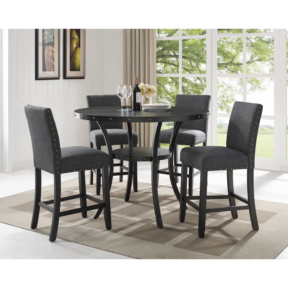 Biony Espresso Wood Counter Height Dining Set with Gray Fabric Nailhead Stools