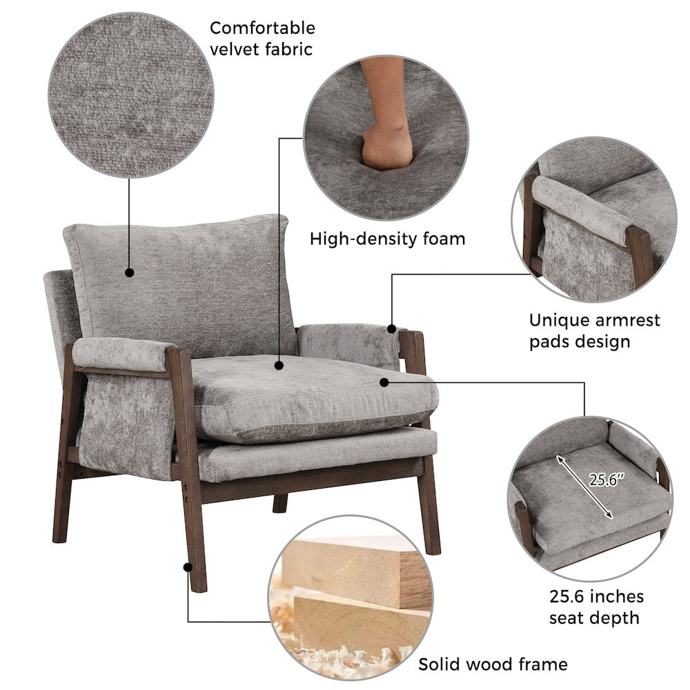 Kelly Mid-Century Modern Velvet Accent Armchair, Gray
