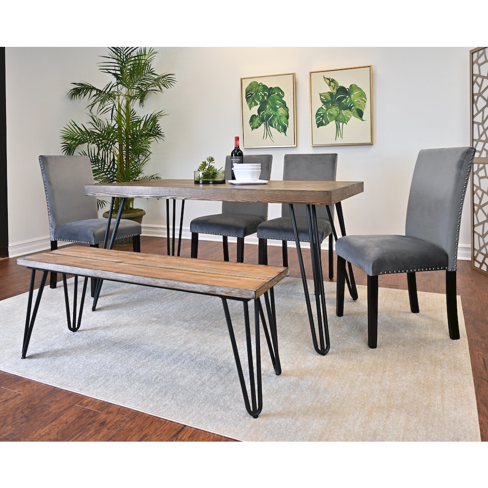 Ashzo 6-Pc Dining Set, Hairpin Dining Table with 4 Chairs and Bench, Gray