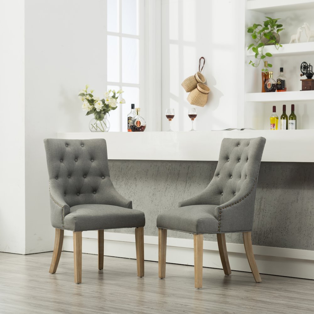 Luna Gray Button Tufted Solid Wood Wingback Chairs with Nail Heads Set of 2