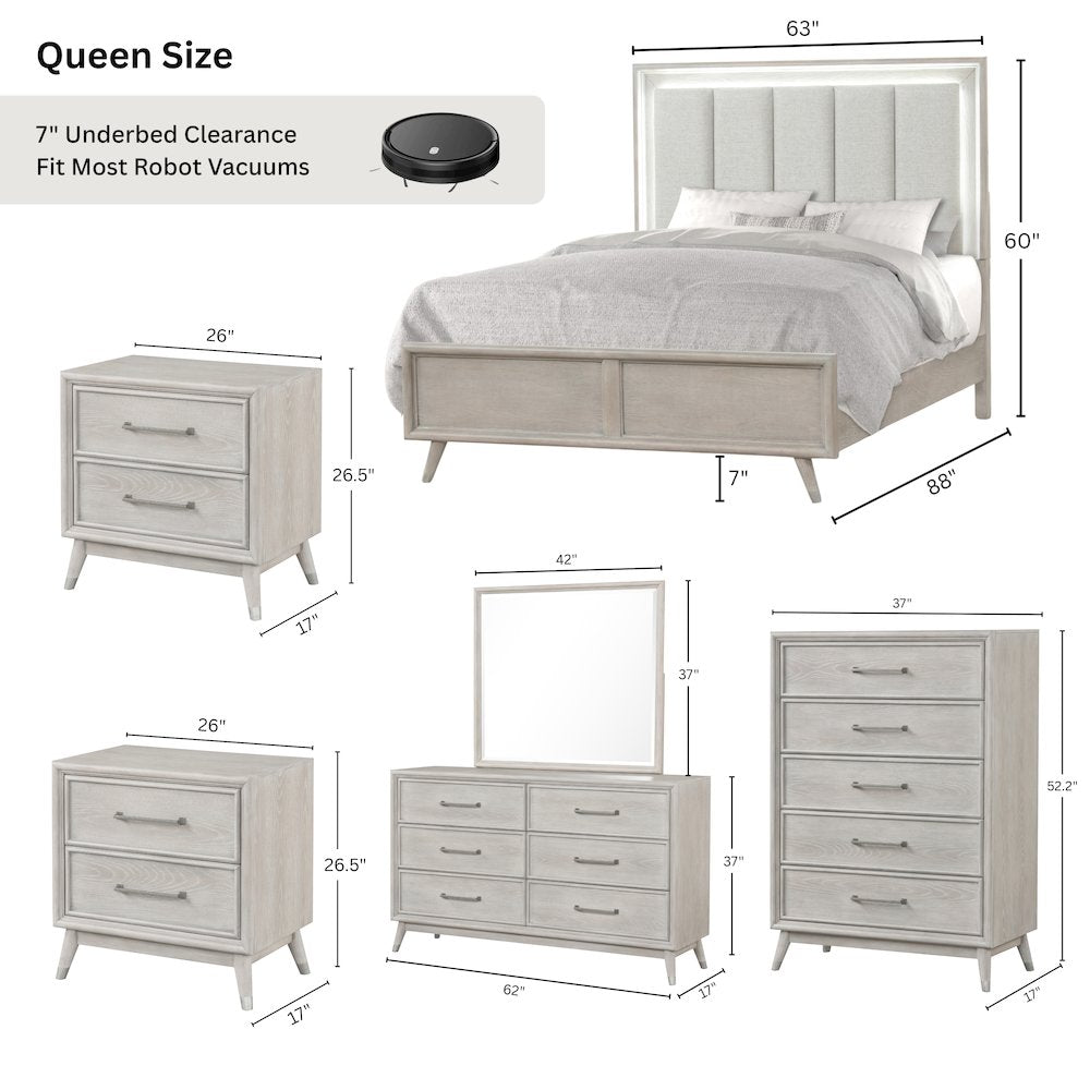 Seluna 6-Piece Bedroom Set with Touch LED Lighting, Gray Oak Finish, Queen