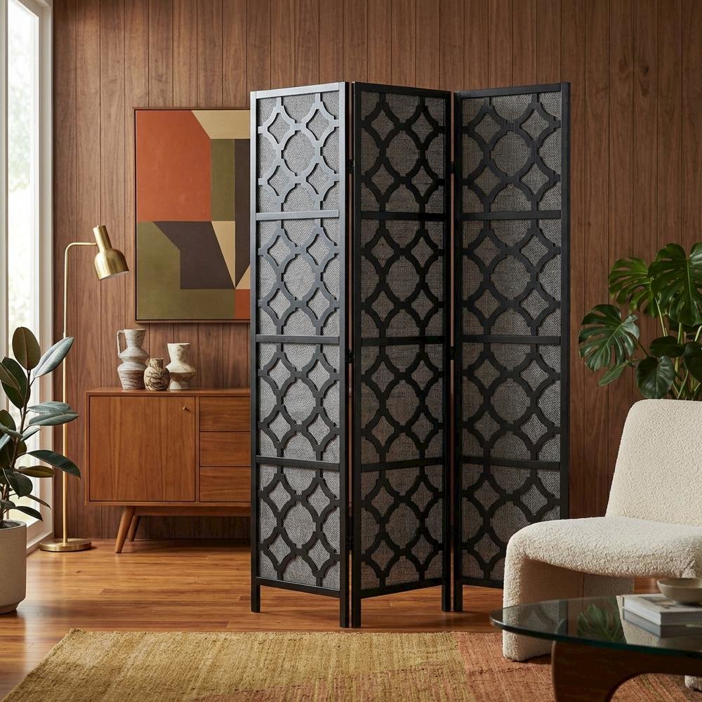 Black 4-Panel Wood Folding Room Divider, Fabric, Transitional, 70 Inch
