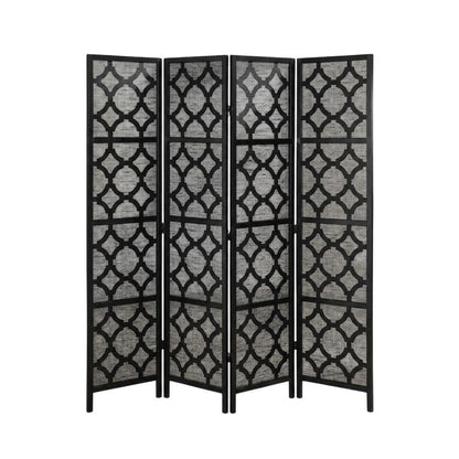Black 4-Panel Wood Folding Room Divider, Fabric, Transitional, 70 Inch