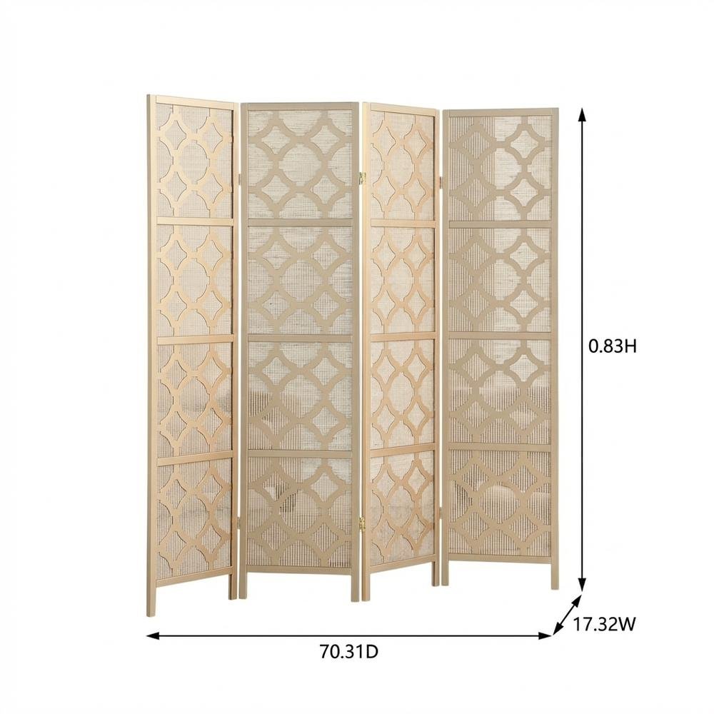 Gold 4-Panel Wood Folding Room Divider, Fabric Diamond Design, 70 Inch