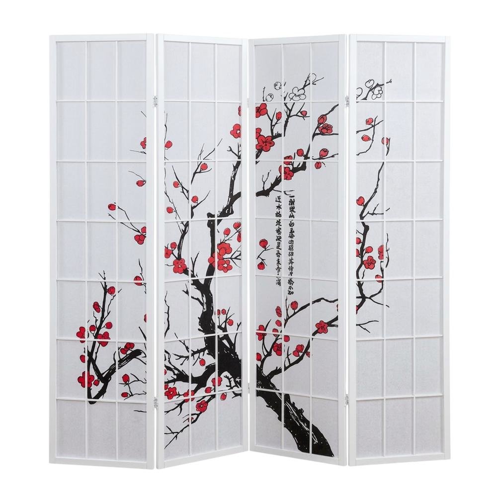 White 4-Panel Wood Folding Room Divider, Floral Print Fabric, 70 Inch