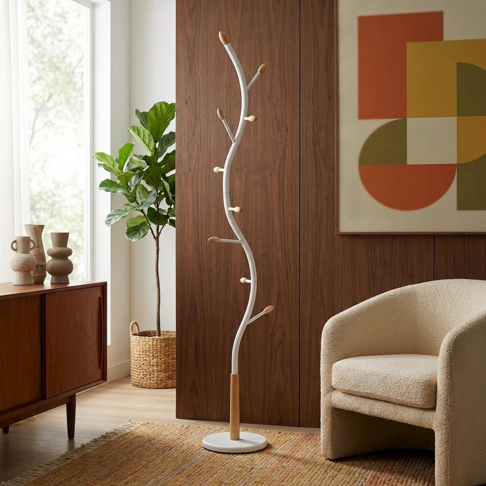 White Metal Oak Standing Coat Rack, Free Standing Hooks, Modern Design