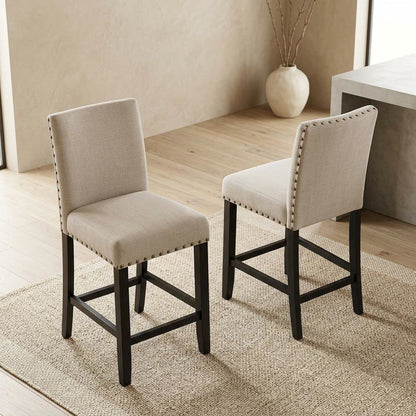 Tan fabric counter height stools with nailhead trim, set of 2