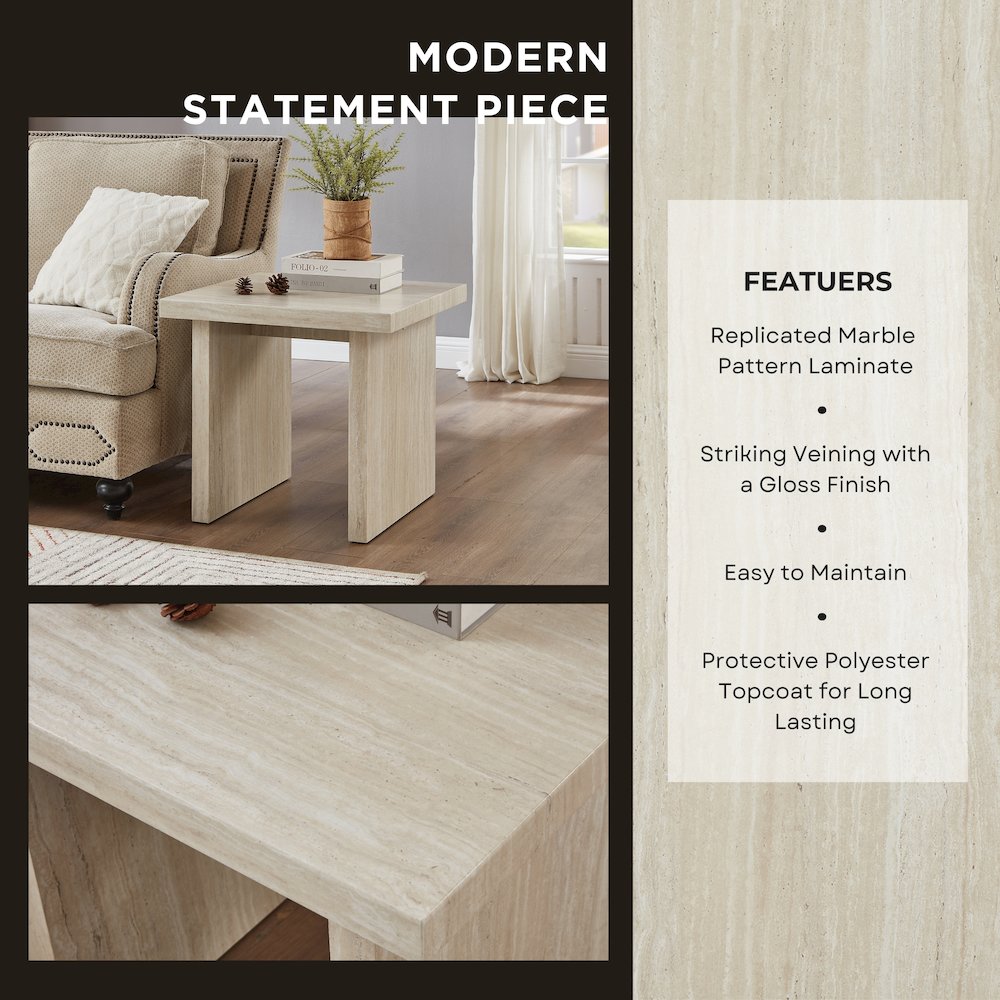 Cavira Modern Faux Marble Living Room End Table, Beige