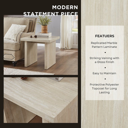 Cavira Modern Faux Marble Living Room End Table, Beige