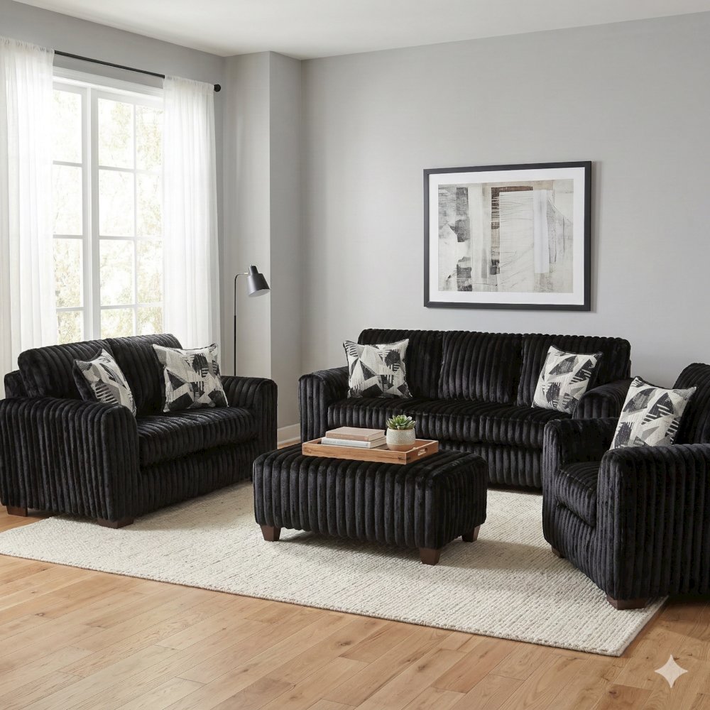 Nolan 4-Piece Living Room Set, Sofa Loveseat Chair and Ottoman, Lush Black