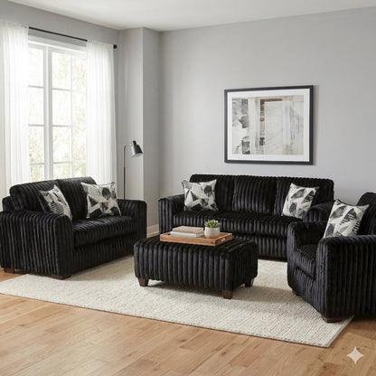 Nolan 4-Piece Living Room Set, Sofa Loveseat Chair and Ottoman, Lush Black