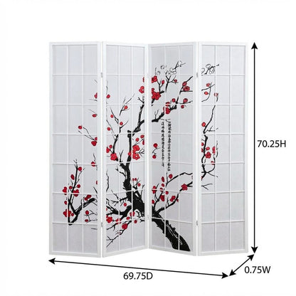 White 4-Panel Wood Folding Room Divider, Floral Print Fabric, 70 Inch
