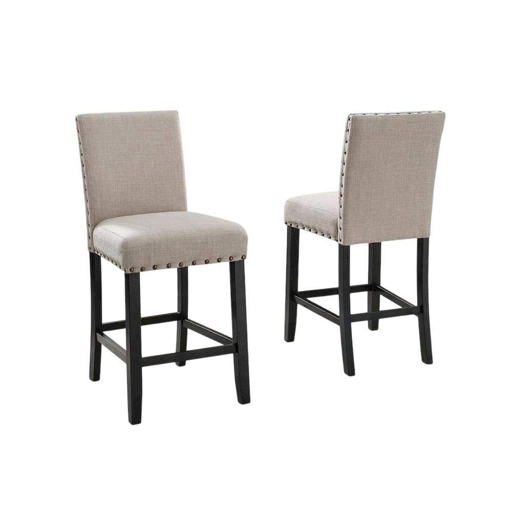 Tan fabric counter height stools with nailhead trim, set of 2