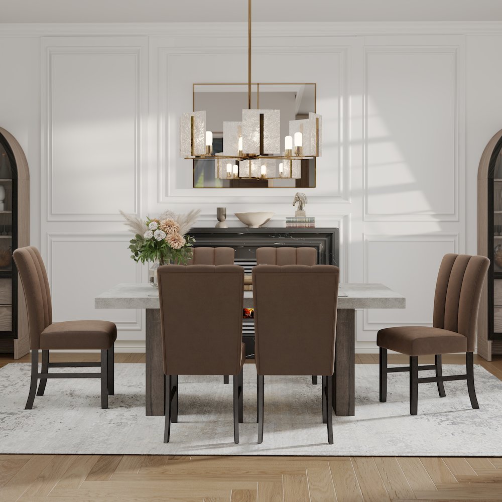 Sorlen 7-Piece Dining Set, 3D Faux Concrete Table with 6 Chocolate Fabric Chairs