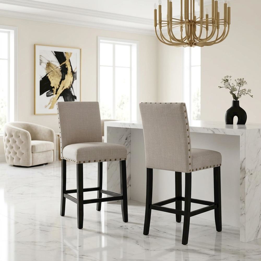 Tan fabric counter height stools with nailhead trim, set of 2