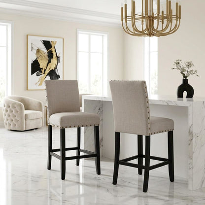 Tan fabric counter height stools with nailhead trim, set of 2