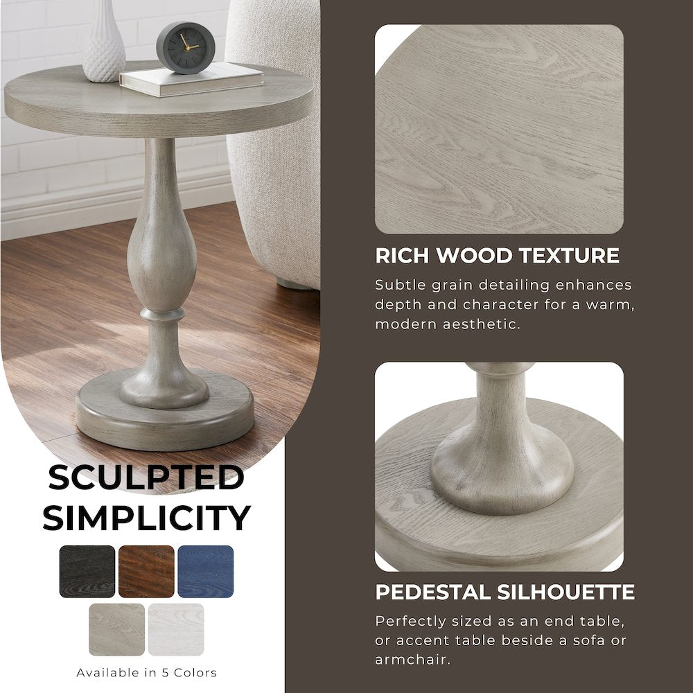 Solmere 22" Round Wood Pedestal End Table, Gray