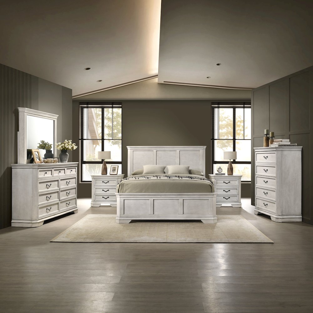 Maderne Wood Panel Bed with Dresser, Mirror, Two Nightstands, Chest, Queen