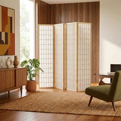 Natural 4-Panel Wood Folding Room Divider, Rice Paper, 71 Inch