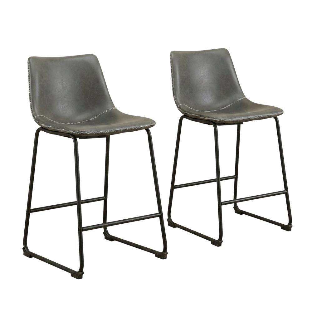 Antique Gray Vintage PU Leather Counter Height Stools, Set of 2