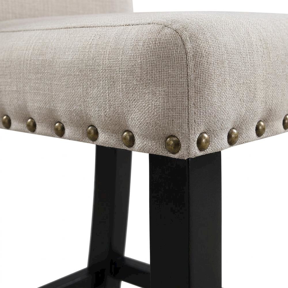 Tan fabric counter height stools with nailhead trim, set of 2