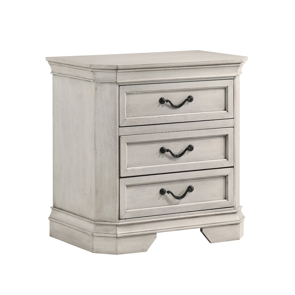 Maderne Wood 3-Drawer Nightstand, Antique White Finish