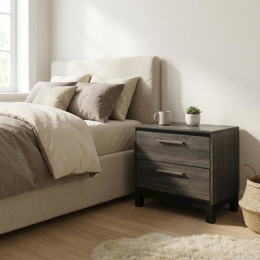 Antique Grey Finish Wood Nightstand with 2 Drawers for Bedroom Storage