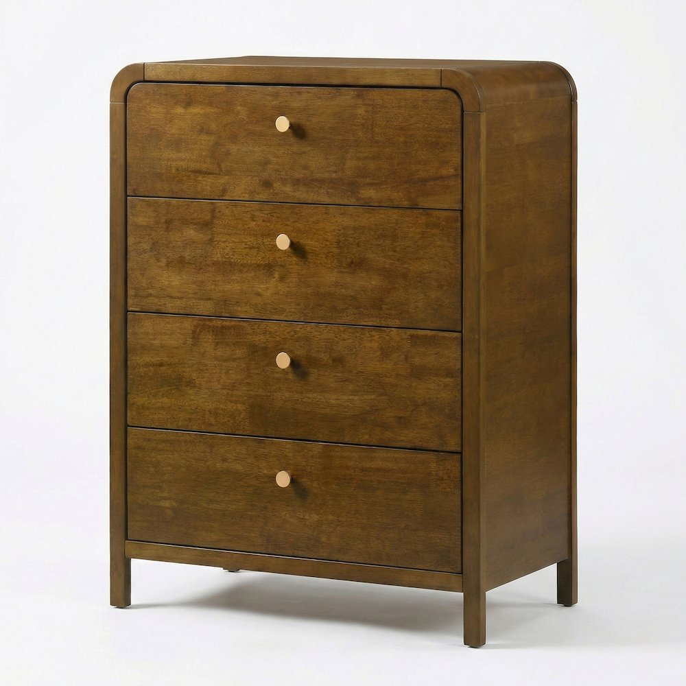 Eldren 4-Drawer Wood Chest with Solid Rubberwood Frame, Walnut Finish