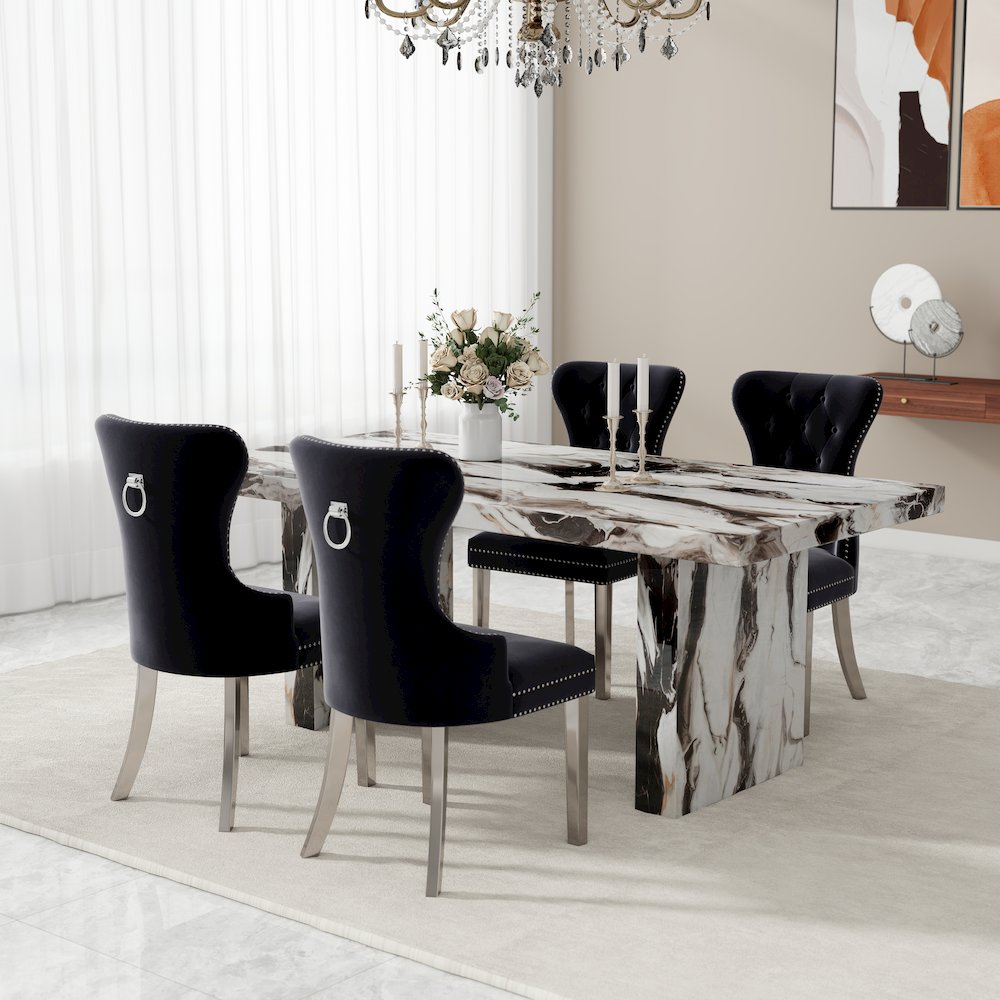 Cavira Faux Marble Dining Table with Double Pedestal Base, Gray