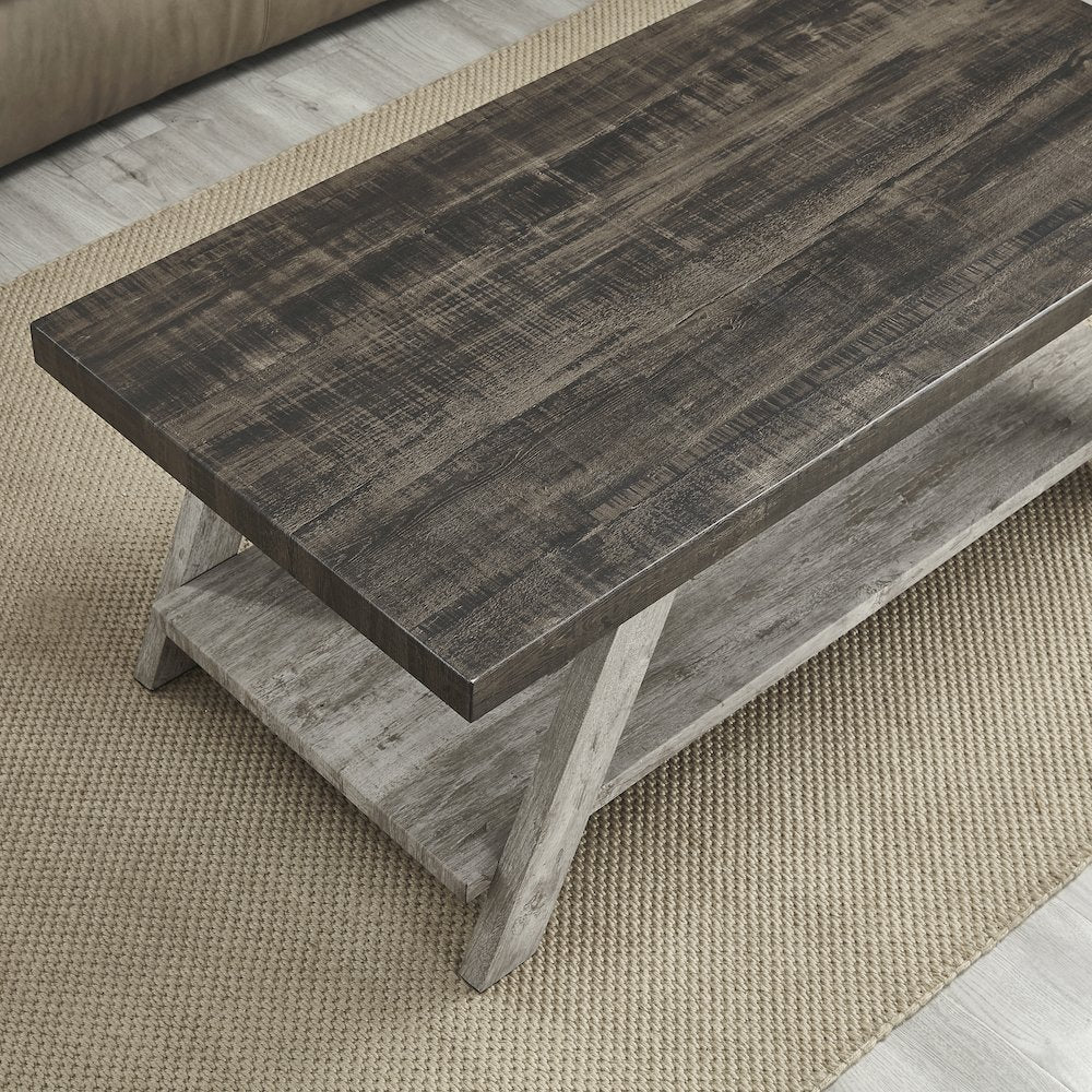 Athens Contemporary Two-Tone Wood Shelf Coffee Table in Weathered Walnut/Gray