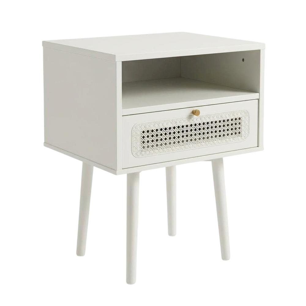 Cream White Dual-Tier Storage Nightstand with Spacious Surface and Modern Design