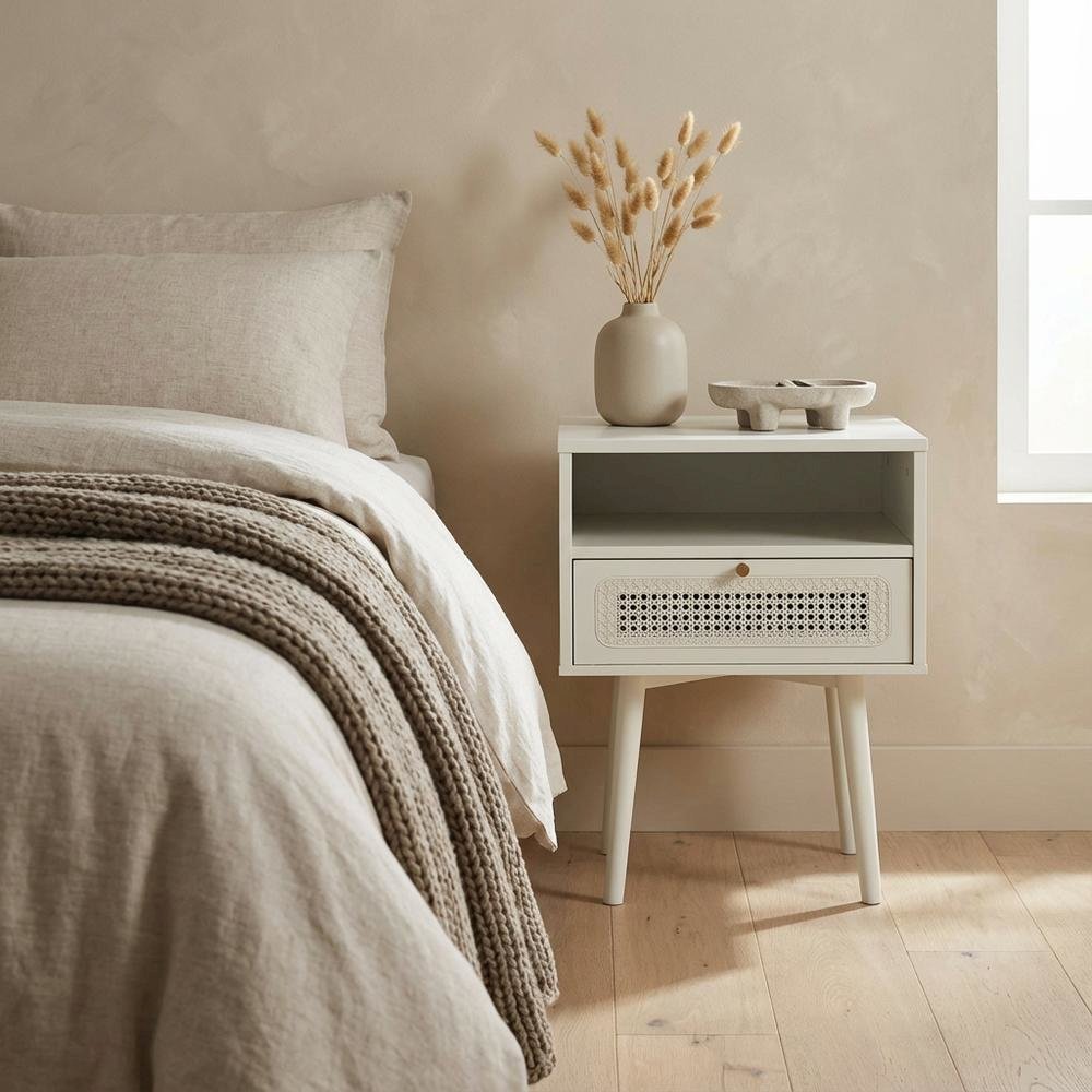 Cream White Dual-Tier Storage Nightstand with Spacious Surface and Modern Design