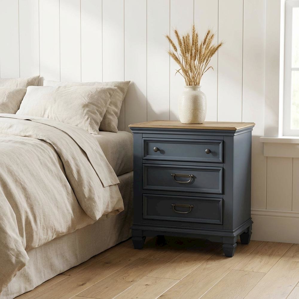 Slate Blue Wood Nightstand with 3 Drawers for Bedroom Storage