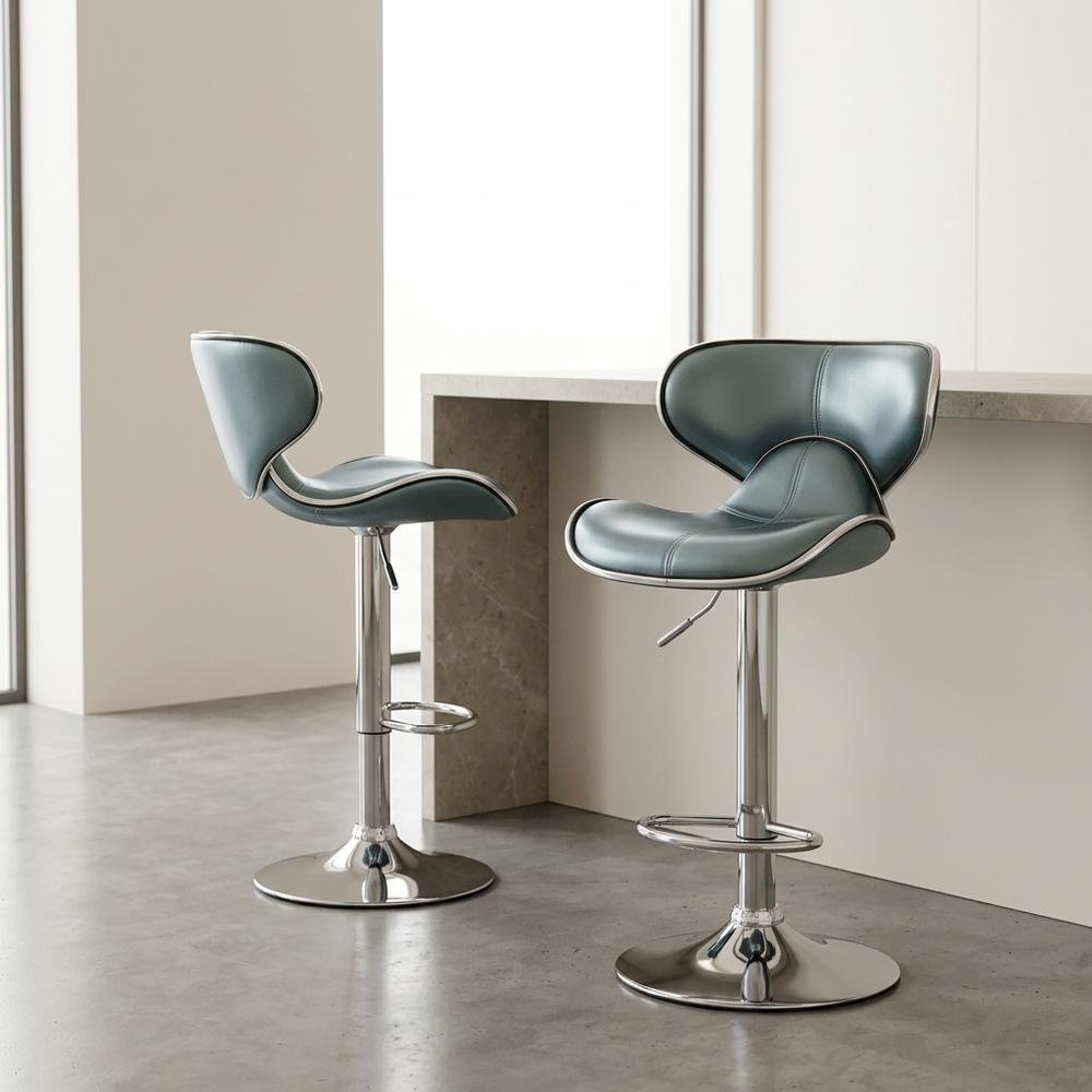 Blue Leatherette Adjustable Swivel Barstool with Chrome Base, Set of 2