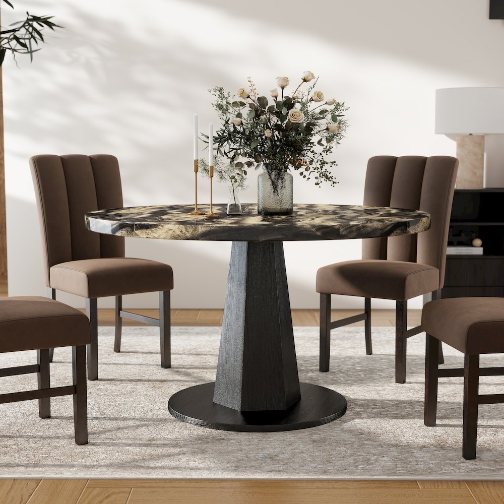 Cavira Modern Faux Marble Dining Table with Wood Pedestal Base, Black and Gold