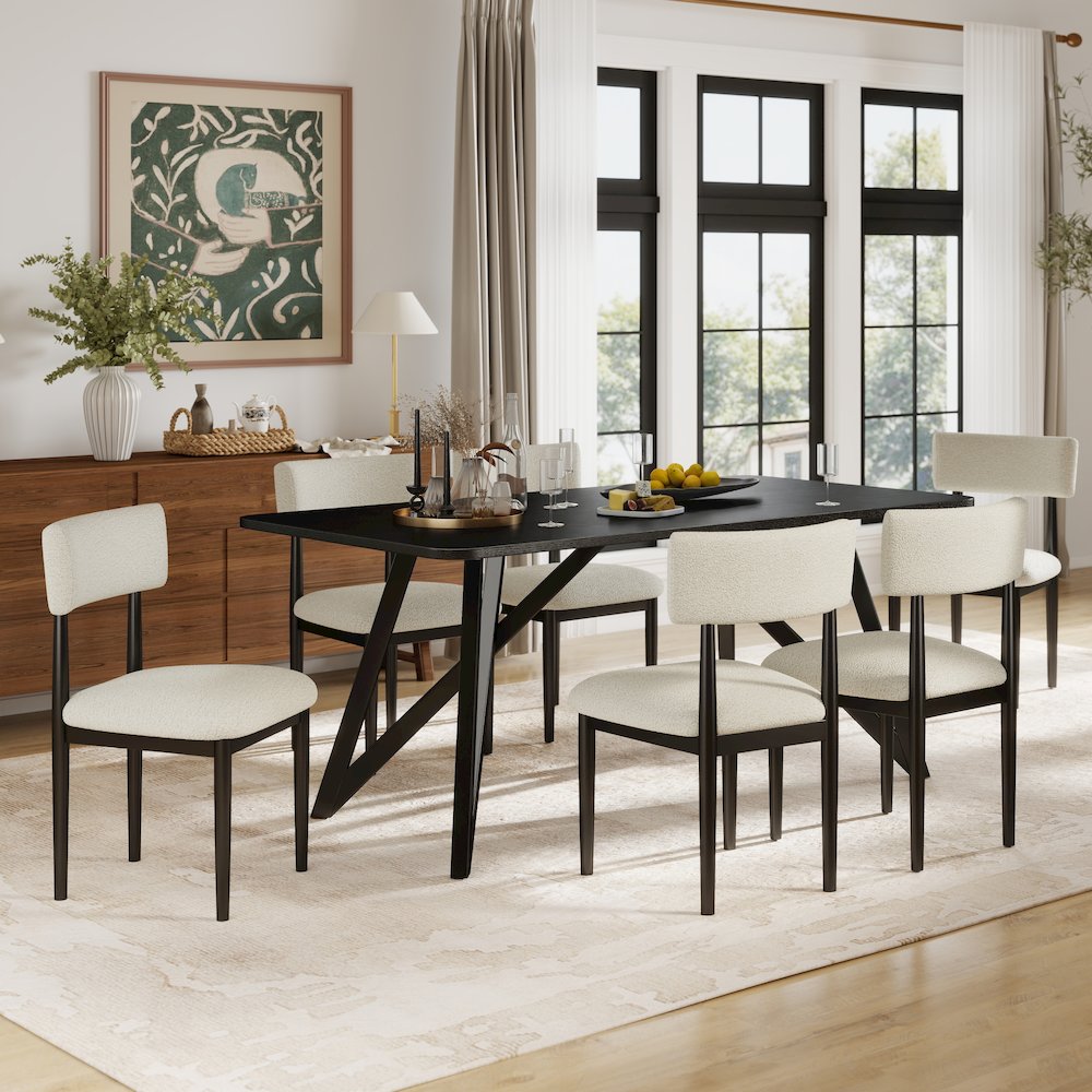 Axler 7-Piece Dining Set, Tripod-Cross Dining Table with 6 Boucle Chairs, Black