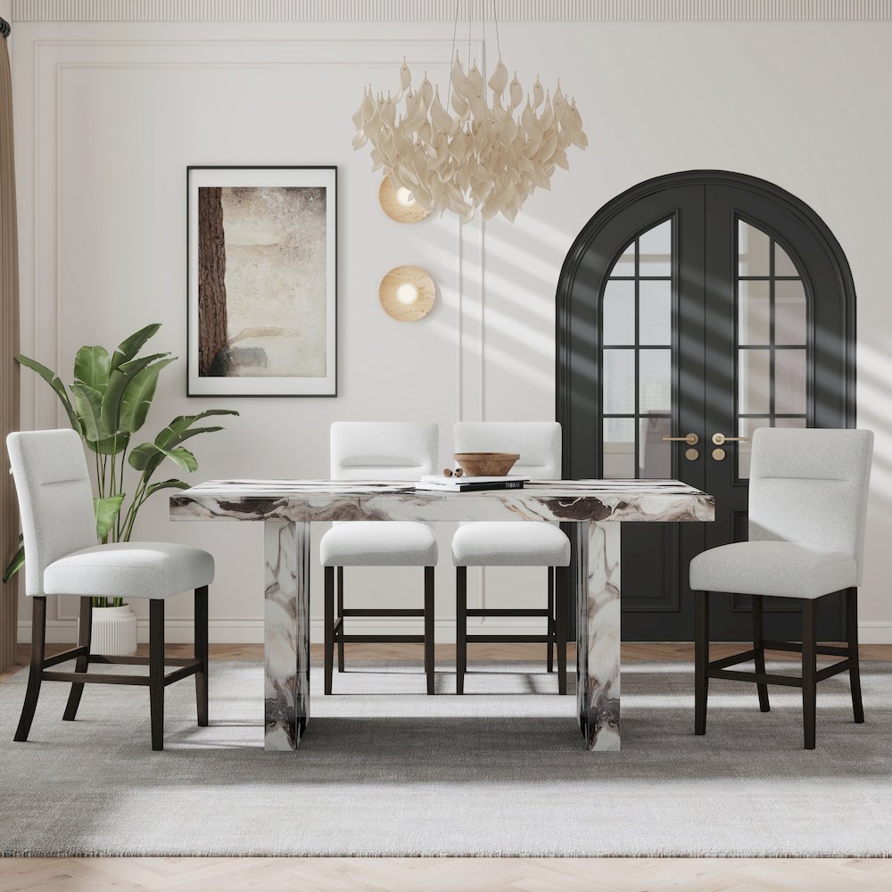 Cavira 5-Piece Modern Faux Marble Dining Set, Counter Height Table with 4 Chairs