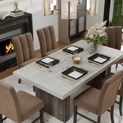 Sorlen 7-Piece Dining Set, 3D Faux Concrete Table with 6 Chocolate Fabric Chairs