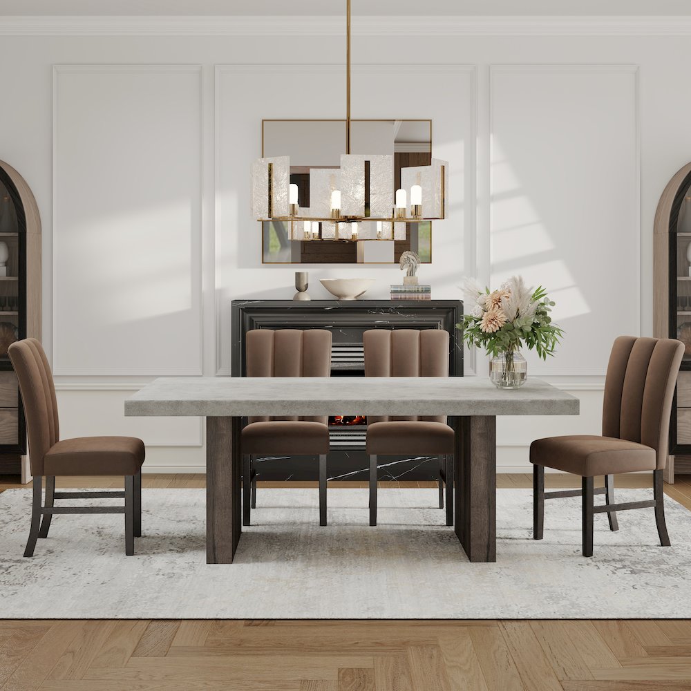 Sorlen 5-Piece Dining Set, 3D Faux Concrete Table with 4 Chocolate Fabric Chairs