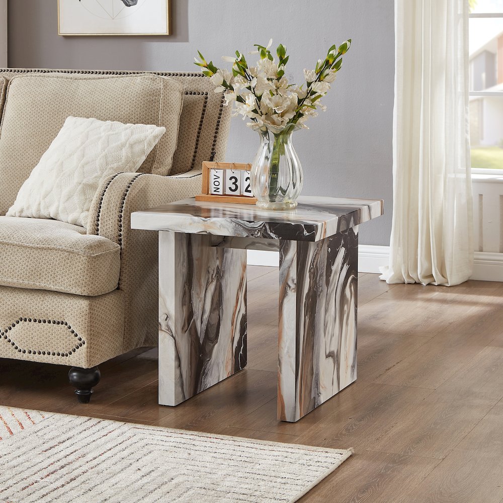 Cavira Modern Faux Marble Living Room End Table, Off-white