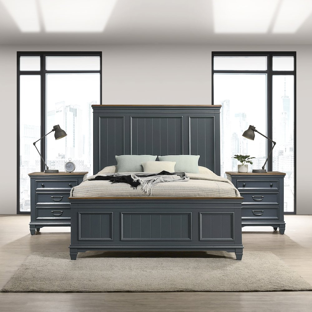 Clelane Wood Bedroom Set with Shiplap Panel Queen Bed and 2 Nightstands