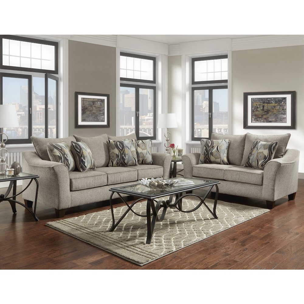 Camero Platinum Fabric Pillowback Sofa and Loveseat Set