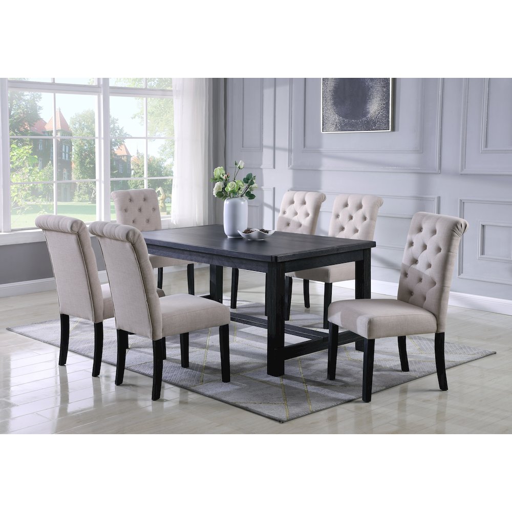 Leviton Antique Black Finished Wood Dining Set, Table with Six Chairs, Tan