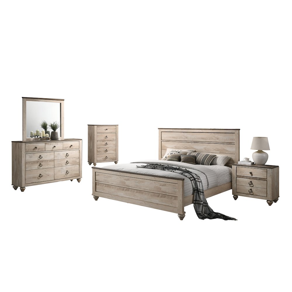 White Wash Finish Bedroom Set, King Bed, Dresser, Mirror, Nightstand and Chest