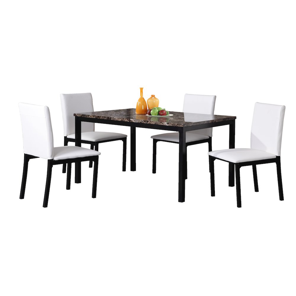 Citico 5-Pc Dinette Set with Laminated Faux Marble Top and 4 White Chairs