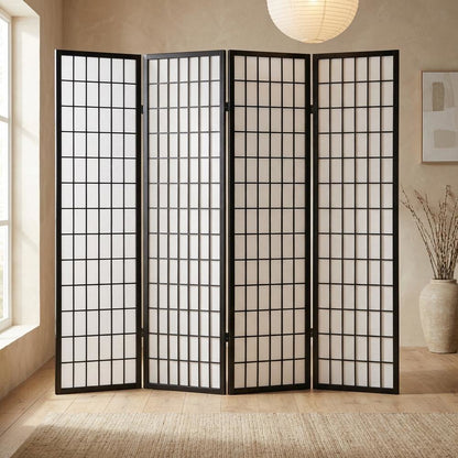 Black 4-Panel Wood Folding Room Divider, Rice Paper, 71 Inch